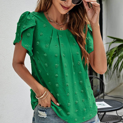 Swiss Dot Round Neck Petal Sleeve Top - MimiStylez