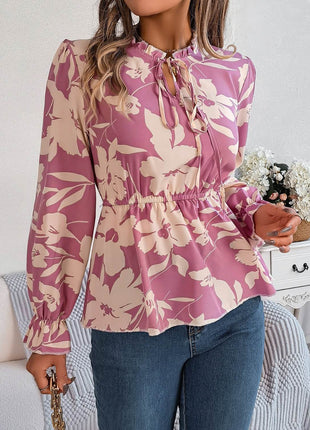 Printed Tie Neck Flounce Sleeve Blouse - MimiStylez