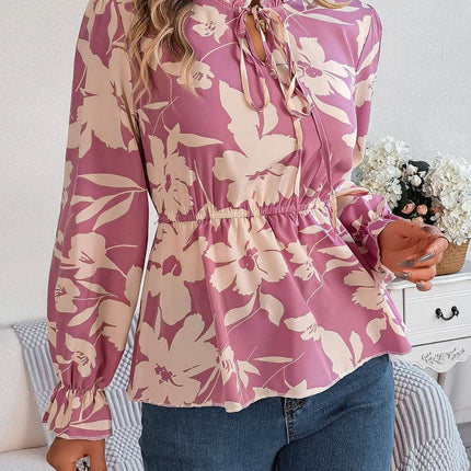 Printed Tie Neck Flounce Sleeve Blouse - MimiStylez