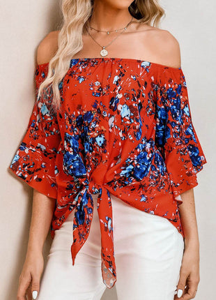 Tied Printed Off-Shoulder Half Sleeve Blouse - MimiStylez