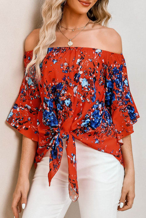 Tied Printed Off-Shoulder Half Sleeve Blouse - MimiStylez