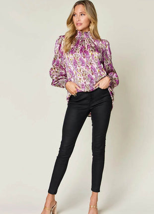 Double Take Full Size Printed Smocked Long Sleeve Blouse - MimiStylez