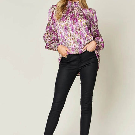 Double Take Full Size Printed Smocked Long Sleeve Blouse - MimiStylez