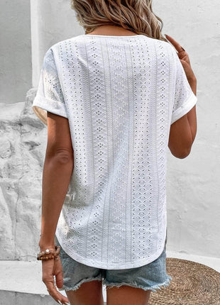 Eyelet V-Neck Short Sleeve Blouse - MimiStylez
