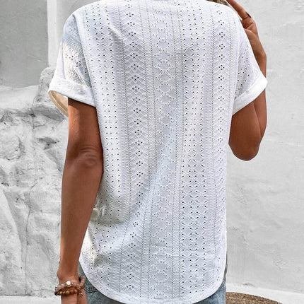 Eyelet V-Neck Short Sleeve Blouse - MimiStylez