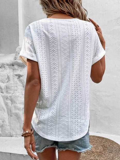 Eyelet V-Neck Short Sleeve Blouse - MimiStylez