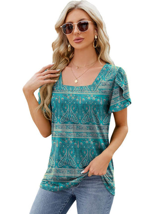 Square Neck Short-sleeved T-shirt With Petal Sleeve Design Bohemian Loose T-shirt - MimiStylez