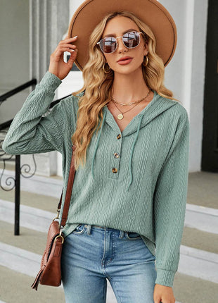 Drawstring Half Button Long Sleeve Hoodie - MimiStylez