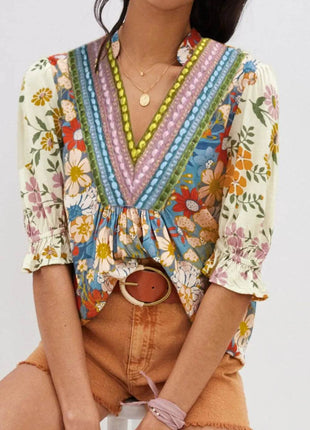 Multicolour Crochet V Neck Half Sleeve Boho Floral Blouse - MimiStylez