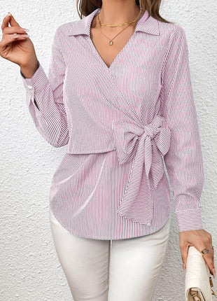 Bow Tie Waist Johnny Collar Neck Striped Blouse - MimiStylez