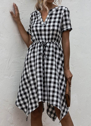Plaid Notched Short Sleeve Dress - MimiStylez