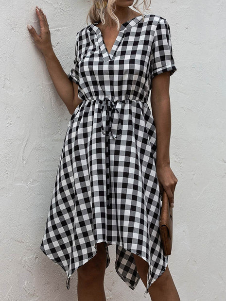 Plaid Notched Short Sleeve Dress - MimiStylez