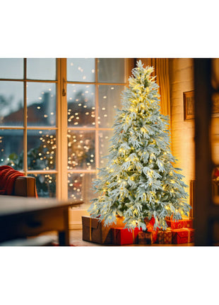 6FT Pre-Lit Spruce Snow Flocked Christmas Tree, Hinged Xmas Tree With 300 Multi-Color LED Lights, 8 Flashing Modes & 790 Snow Branch Tips