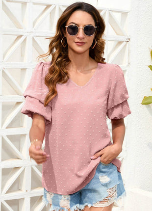 Swiss Dot V-Neck Short Sleeve Blouse - MimiStylez