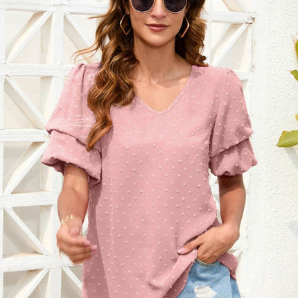 Swiss Dot V-Neck Short Sleeve Blouse - MimiStylez