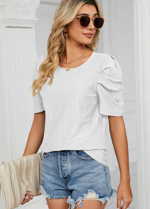 Eyelet Puff Sleeve Round Neck Blouse - MimiStylez