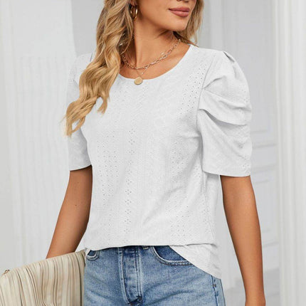 Eyelet Puff Sleeve Round Neck Blouse - MimiStylez