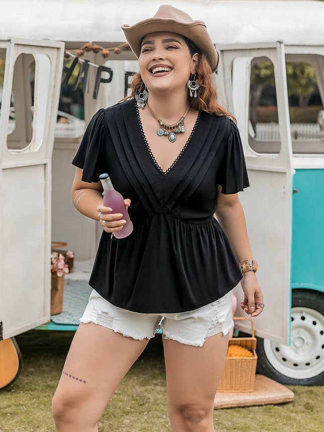 Plus Size V-Neck Flutter Sleeve Blouse - MimiStylez