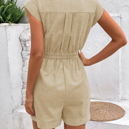 Striped Notched Tie Waist Romper - MimiStylez