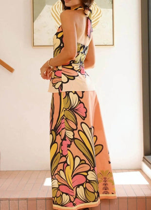 Printed Halter Neck Crop Top and Skirt Set - MimiStylez