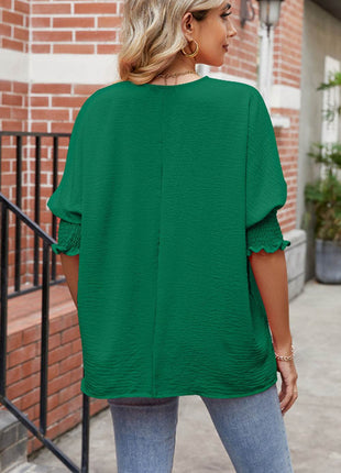 Round Neck Smocked Lantern Sleeve Blouse - MimiStylez