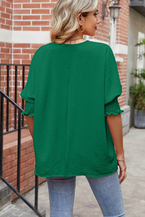 Round Neck Smocked Lantern Sleeve Blouse - MimiStylez
