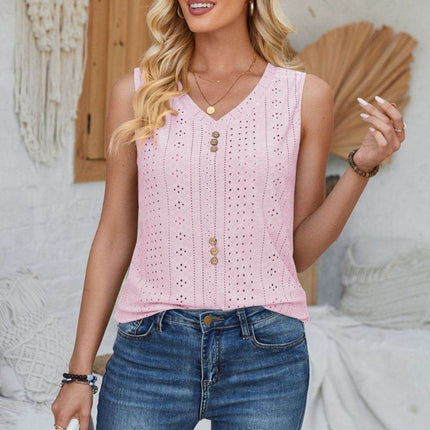 Eyelet Decorative Button V-Neck Tank - MimiStylez