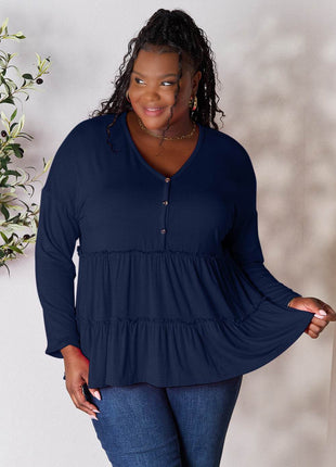 Double Take Half Button Long Sleeve Ruffle Hem Blouse - MimiStylez