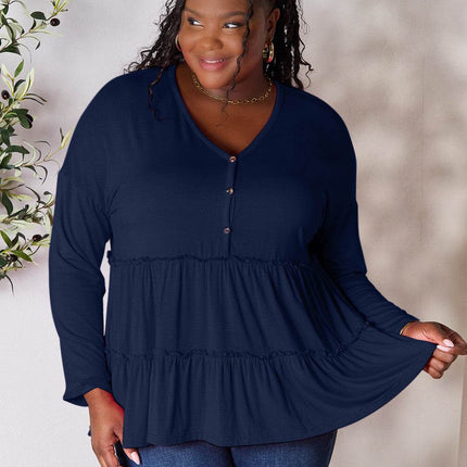 Double Take Half Button Long Sleeve Ruffle Hem Blouse - MimiStylez