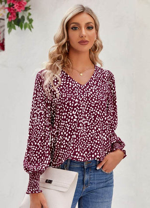 Printed V-Neck Lantern Sleeve Blouse - MimiStylez
