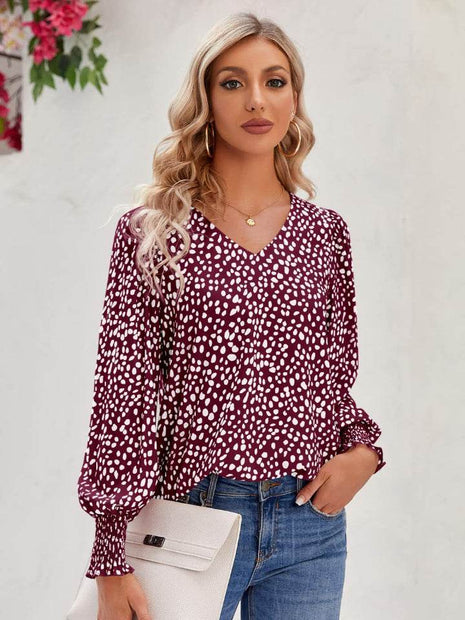 Printed V-Neck Lantern Sleeve Blouse - MimiStylez
