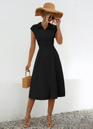Button Up Cap Sleeve Midi Dress - MimiStylez
