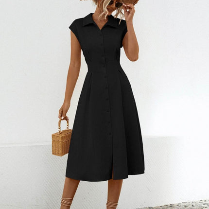 Button Up Cap Sleeve Midi Dress - MimiStylez