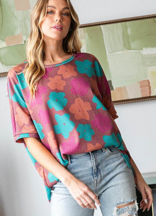 HOPELY Full Size Floral Round Neck Side Slit T-Shirt - MimiStylez