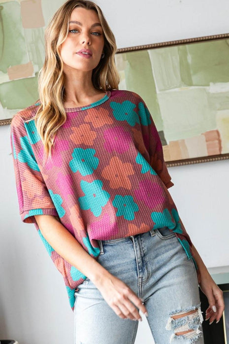 HOPELY Full Size Floral Round Neck Side Slit T-Shirt - MimiStylez