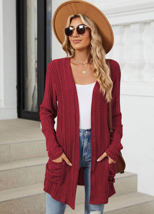 Pocketed Open Front Long Sleeve Cardigan - MimiStylez