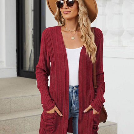 Pocketed Open Front Long Sleeve Cardigan - MimiStylez