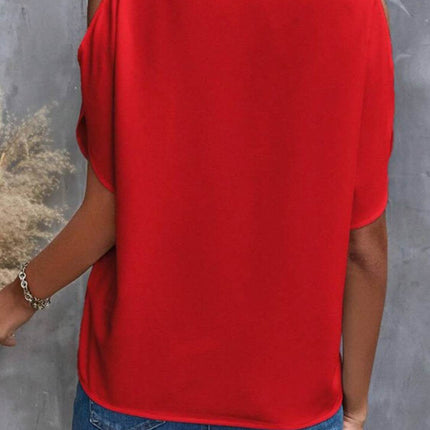 Notched Cold Shoulder Half Sleeve Blouse - MimiStylez