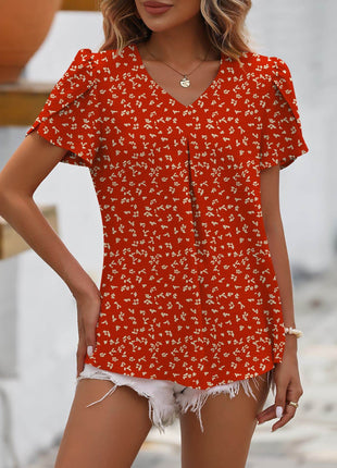 Ruche V-Neck Petal Sleeve Top - MimiStylez