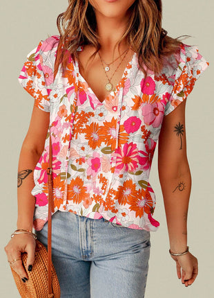 Floral Tie Neck Flutter Sleeve Blouse - MimiStylez