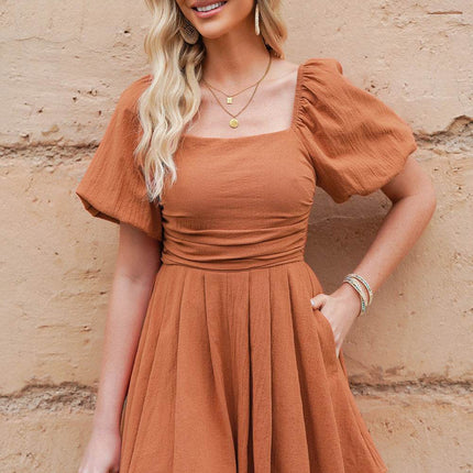 Square Neck Pleated Romper with Pockets - MimiStylez