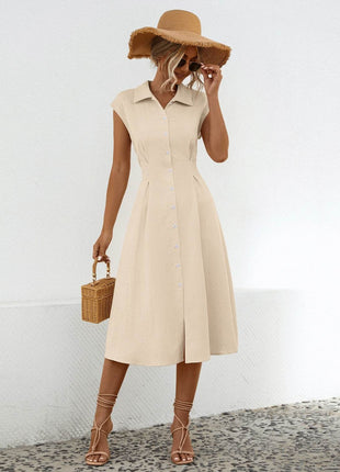Button Up Cap Sleeve Midi Dress - MimiStylez