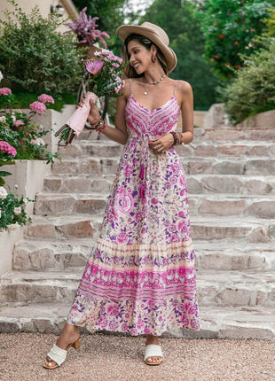 Tassel Printed V-Neck Maxi Dress - MimiStylez