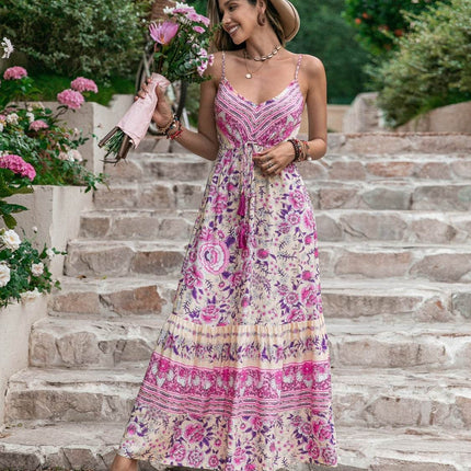 Tassel Printed V-Neck Maxi Dress - MimiStylez