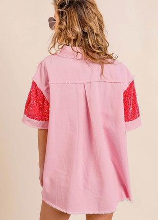 BiBi Sequin Detail Raw Hem Short Sleeve Shirt - MimiStylez