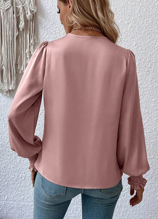 Surplice Smocked Lantern Sleeve Blouse - MimiStylez