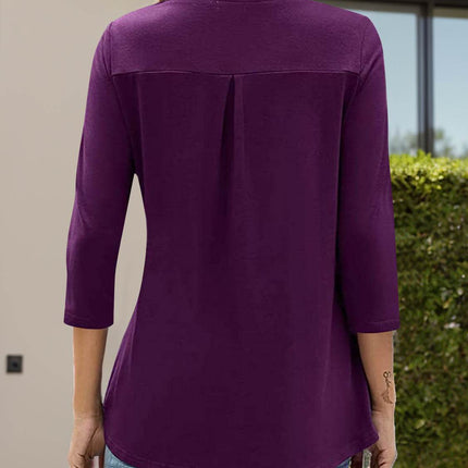 Notched Three-Quarter Sleeve T-Shirt - MimiStylez