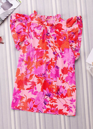 Frill Floral Mock Neck Cap Sleeve Blouse - MimiStylez