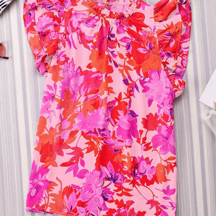 Frill Floral Mock Neck Cap Sleeve Blouse - MimiStylez