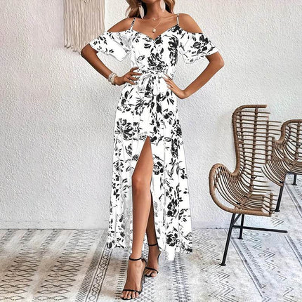 Women's Floral Maxi Dress Cold Shoulder Split Belted A Line Long Summer Dress - MimiStylez